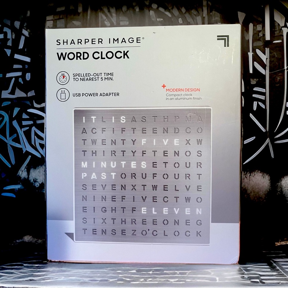 Sharper Image  NIB Compact Silver Modern Design Word Clock USB Power Adapter
